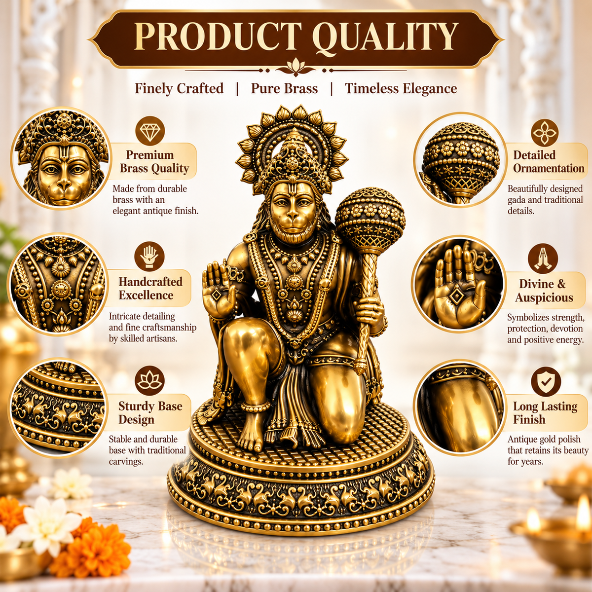 Antique Brass Hanuman Idol for Home Temple & Pooja Room | Handcrafted Lord Hanuman Statue for Home Décor, Office, Mandir & Gifting | The Indian Aura