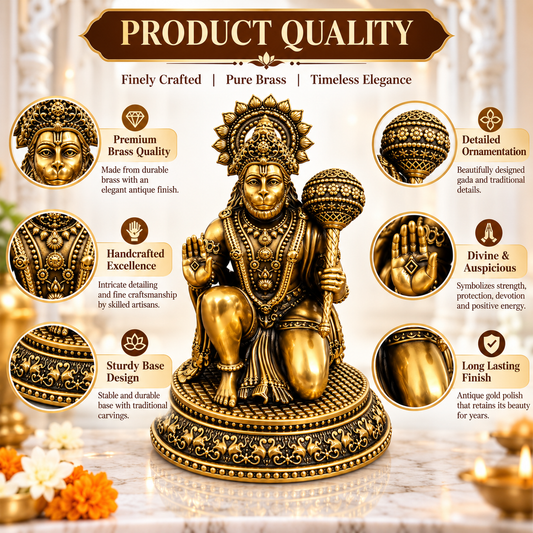 Antique Brass Hanuman Idol for Home Temple & Pooja Room | Handcrafted Lord Hanuman Statue for Home Décor, Office, Mandir & Gifting | The Indian Aura