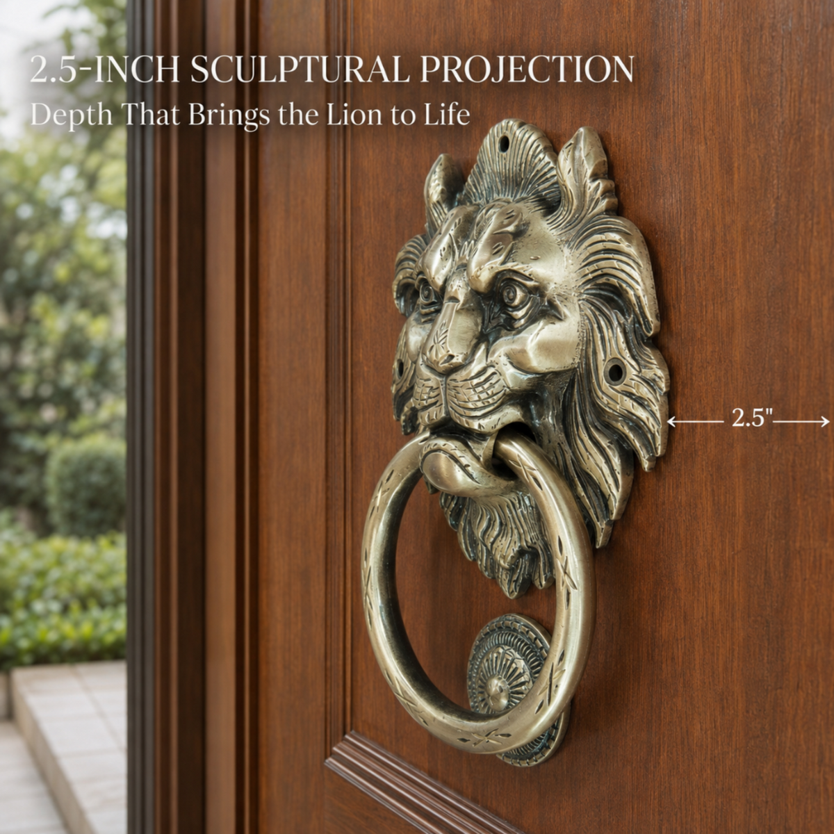 A brass lion head door knocker with a 2.5-inch sculptural ring, mounted on a brown wooden door.