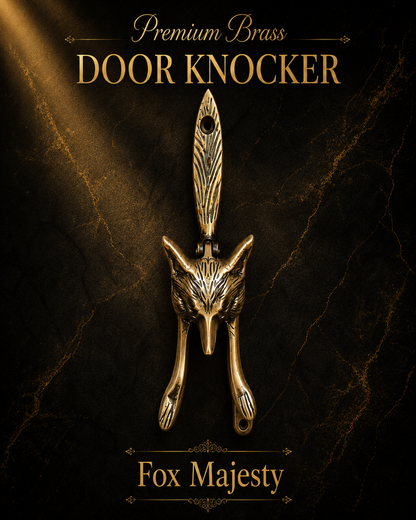 A premium brass door knocker shaped like a fox head with a feather detail, shown on a dark textured background with gold text reading 'Premium Brass DOOR KNOCKER' and 'Fox Majesty'.