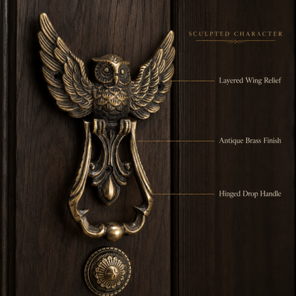 An antique brass owl door knocker with sculpted wings and a hinged drop handle, mounted on a dark wood door with feature callouts.