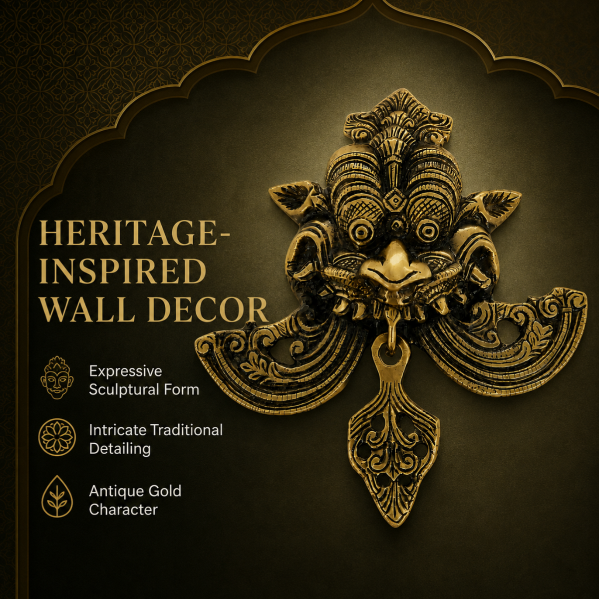 An ornate antique gold wall decor piece with a traditional sculptural design, shown against a dark textured background with decorative arch framing and text describing the product features.
