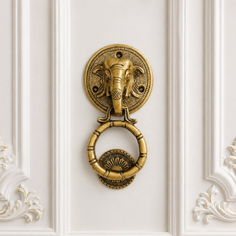 Handcrafted Elephant Head Brass Door Knocker – Antique Finish