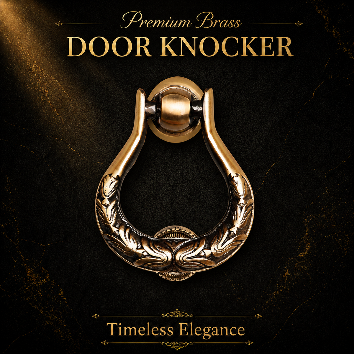 An ornate premium brass door knocker with engraved leaf patterns, centered on a dark textured background with gold text reading 'Premium Brass DOOR KNOCKER' and 'Timeless Elegance'.