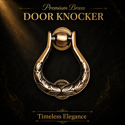 An ornate premium brass door knocker with engraved leaf patterns, centered on a dark textured background with gold text reading 'Premium Brass DOOR KNOCKER' and 'Timeless Elegance'.