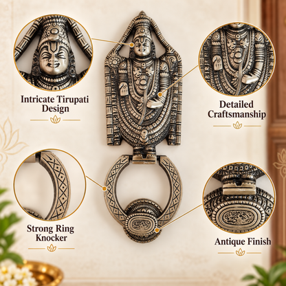 An ornate wall-mounted door knocker featuring a detailed Hindu deity Tirupati design with a strong ring. The image includes four circular callout insets highlighting the intricate Tirupati design, detailed craftsmanship, strong ring knocker, and antique finish, set against a warm beige wall background.
