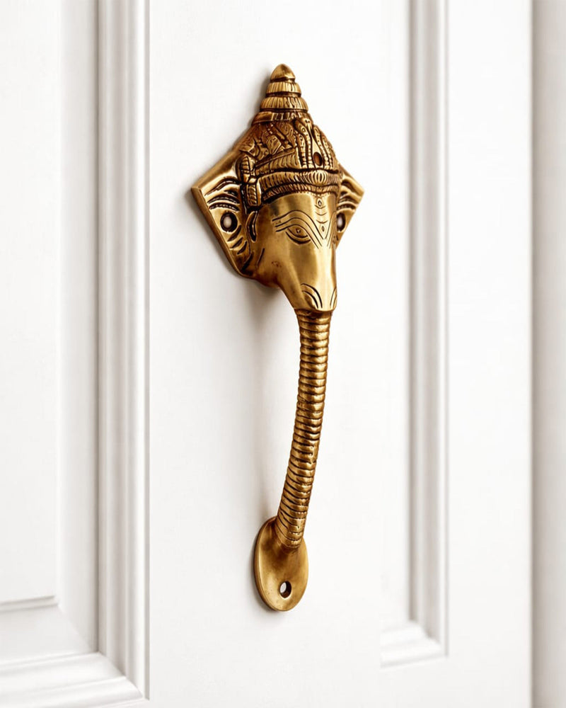 Antique Ganesha Brass Door Handle with Brown Crown – Vintage Indian Design