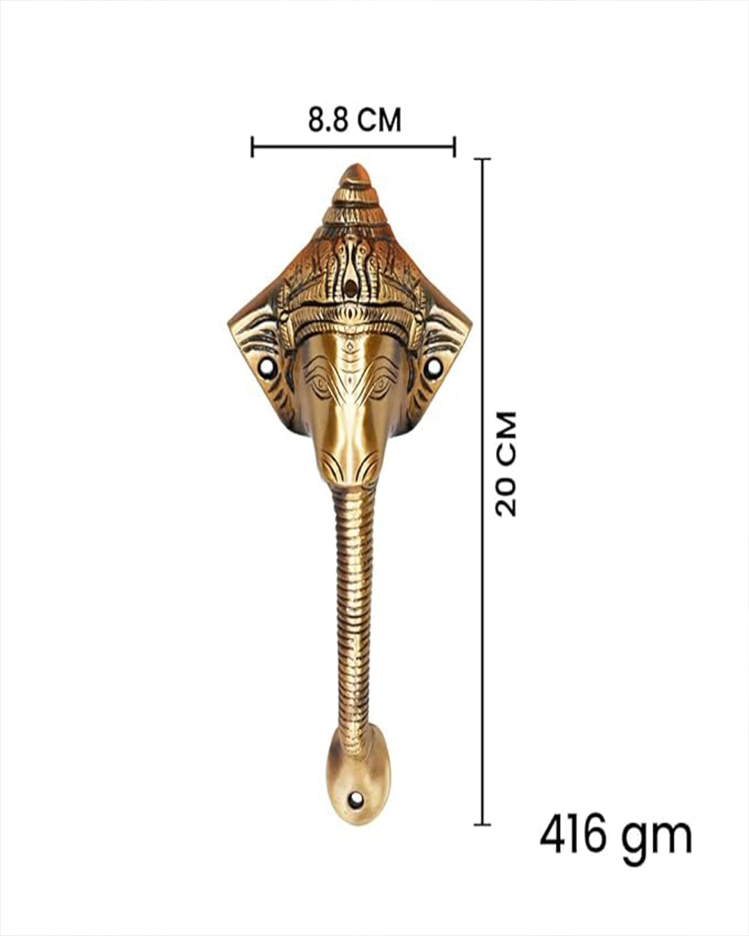 Decorative brass door handle with measurements.
