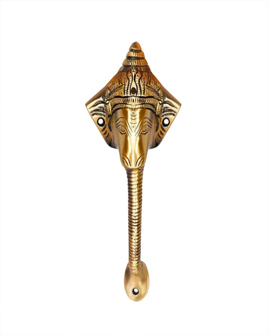 Decorative Antique Ganesha brass door handle with white background.