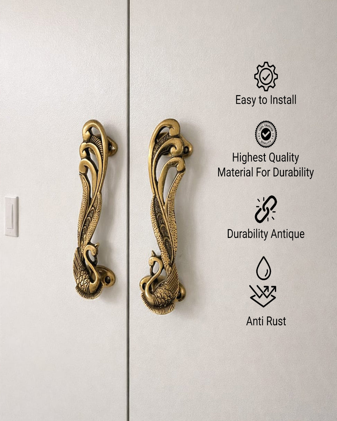 Decorative gold handles with durability features listed.