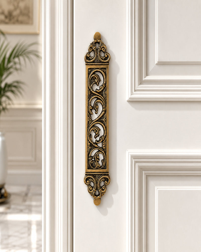 Brass Door Pull Handle for Main Door – Antique Finish Handmade Vintage Victorian Carved Filigree Design, 11 Inch / 28.7 cm Decorative Door Handle for Home, Hotel & Office Set-1