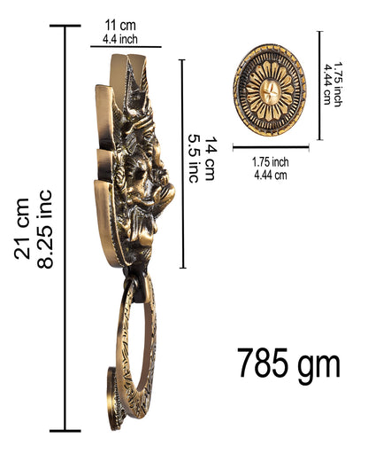 Brass door handle with measurements on a white background