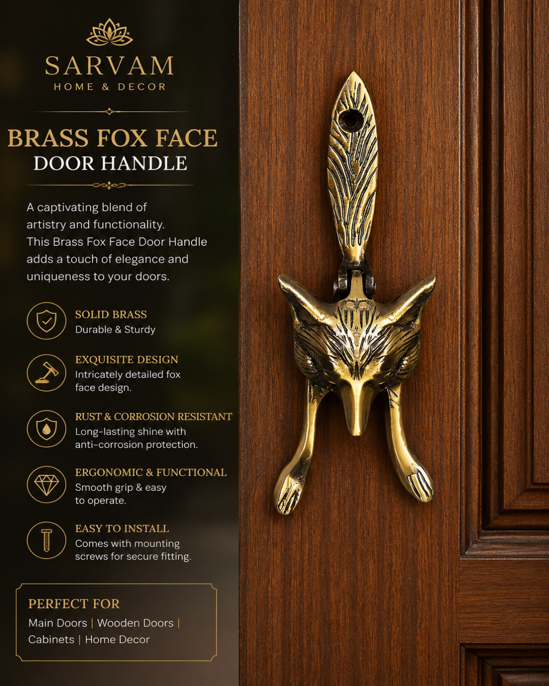 Brass fox face door handle with Sarvam Home & Decor branding and product details.