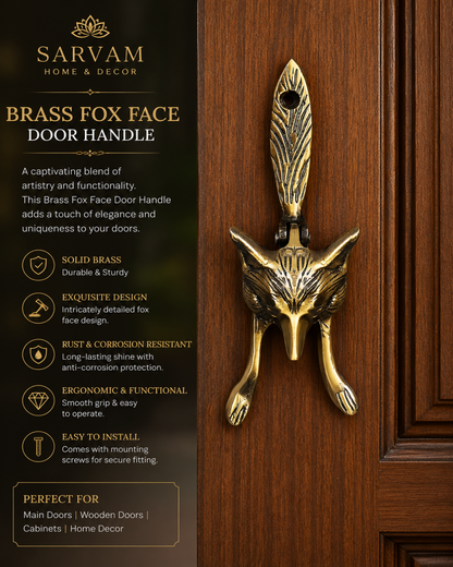 Brass fox face door handle with Sarvam Home & Decor branding and product details.