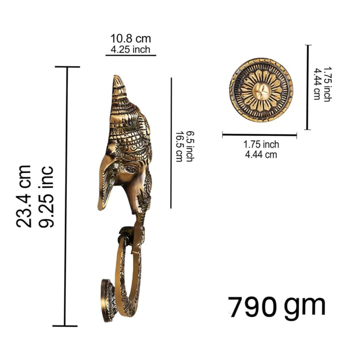 Brass wall hook with measurements on a white background