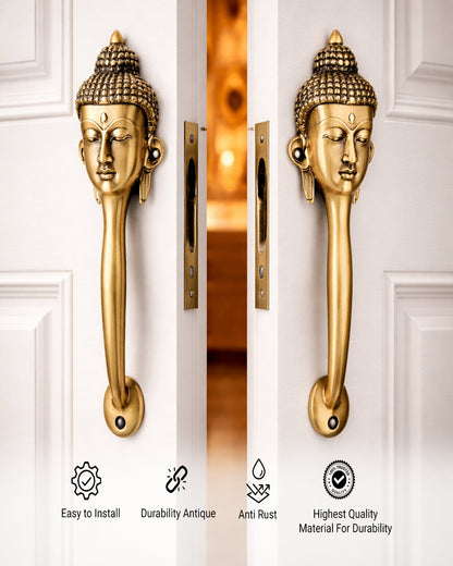 Budha face brass door handle with features.