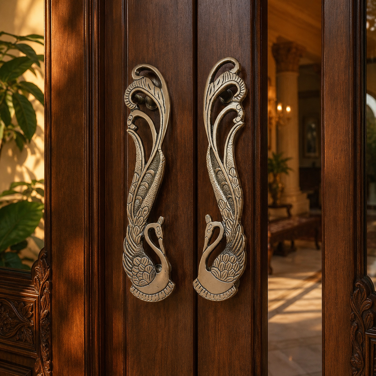 Handcrafted Brass Swan Peacock Door Handles 11 inch – Antique Finish | Set of 2