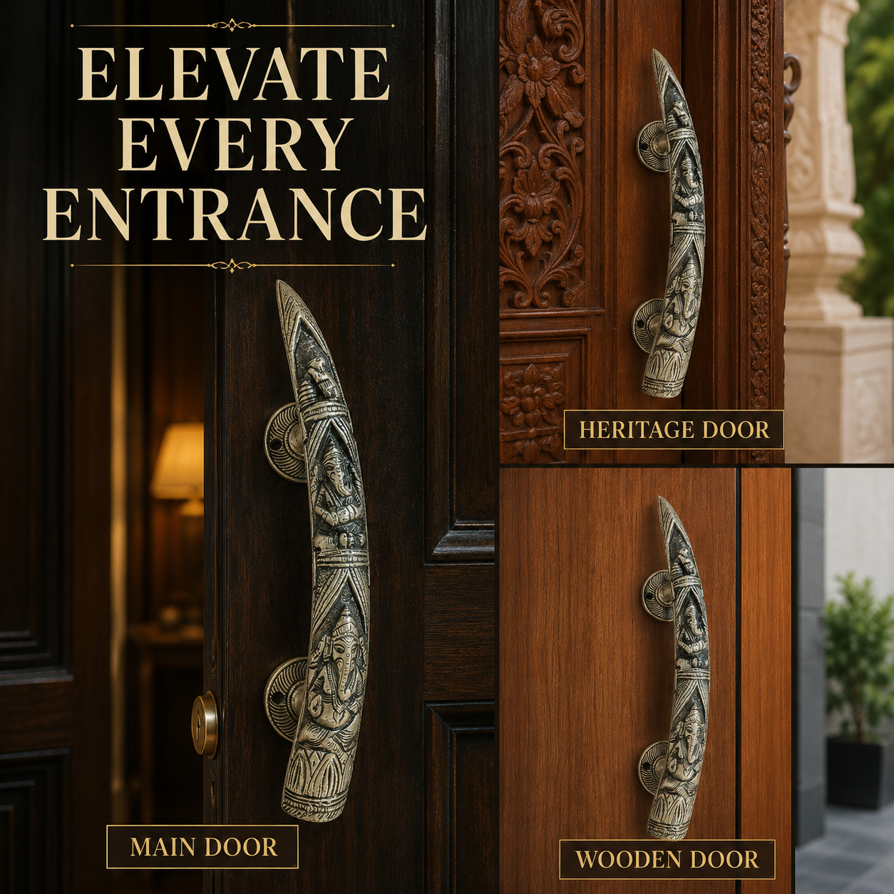 Handcrafted Brass Lord Ganesha motifs Devotional Door Handle 11 Inch – Right-Turn