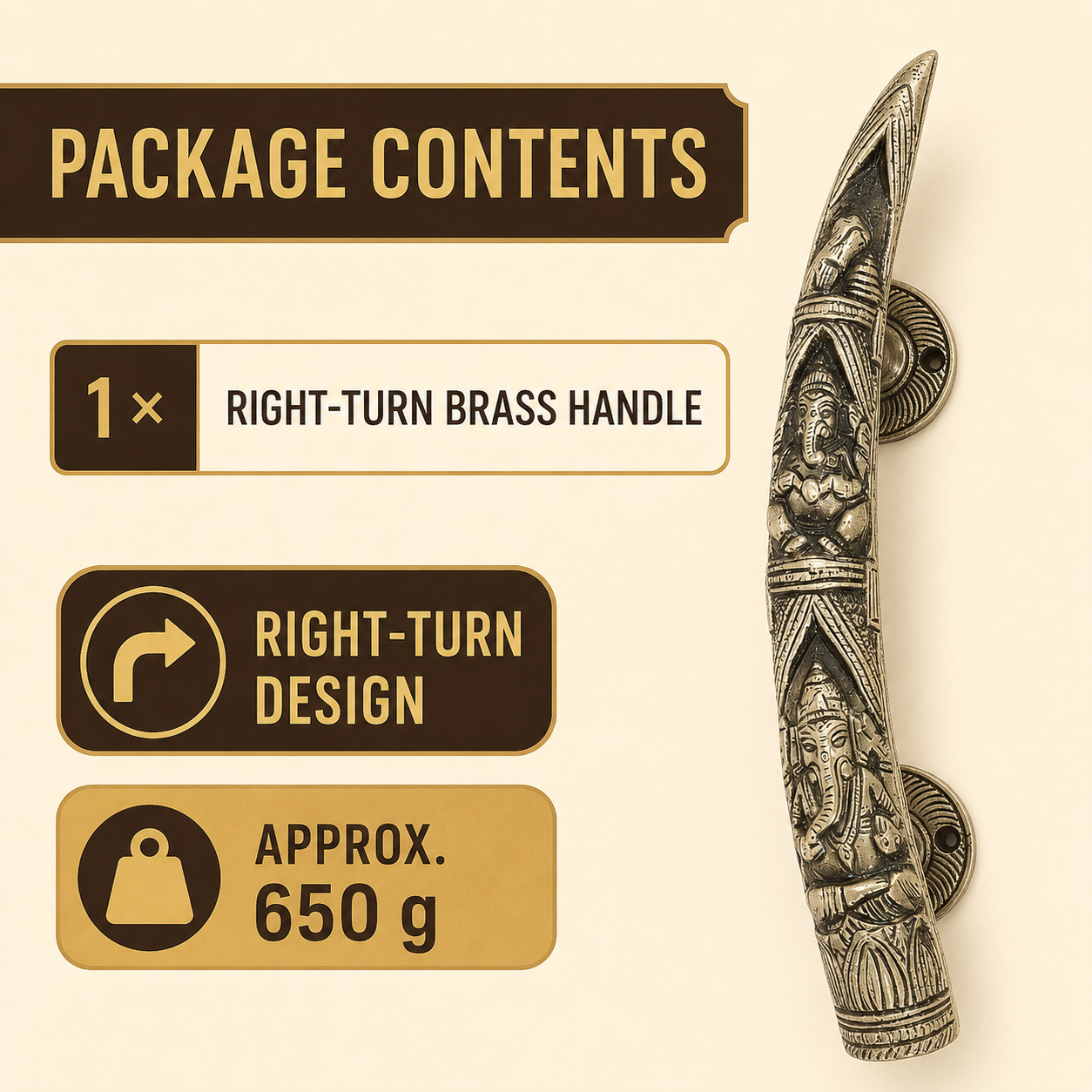 Handcrafted Brass Lord Ganesha motifs Devotional Door Handle 11 Inch – Right-Turn