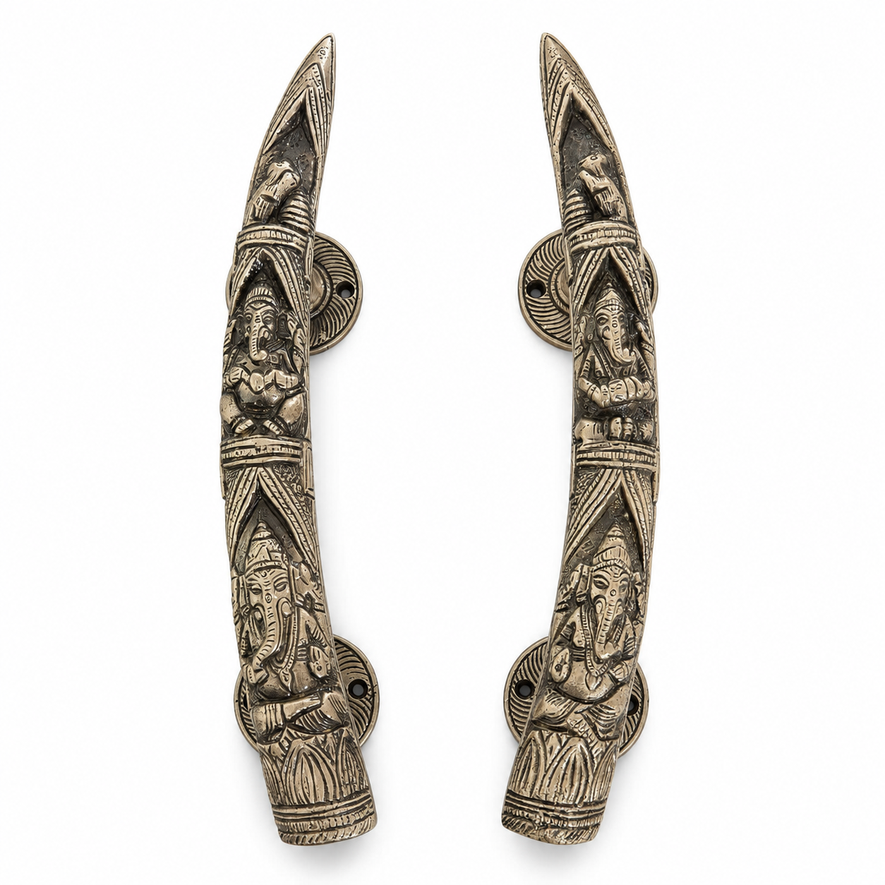 Handcrafted Brass Lord Ganesha motifs Devotional Door Handles – Mirrored Set of 2
