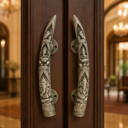 Handcrafted Brass Lord Ganesha motifs Devotional Door Handles – Mirrored Set of 2