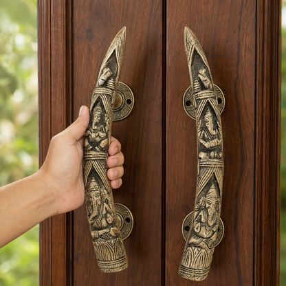 Handcrafted Brass Lord Ganesha motifs Devotional Door Handles – Mirrored Set of 2