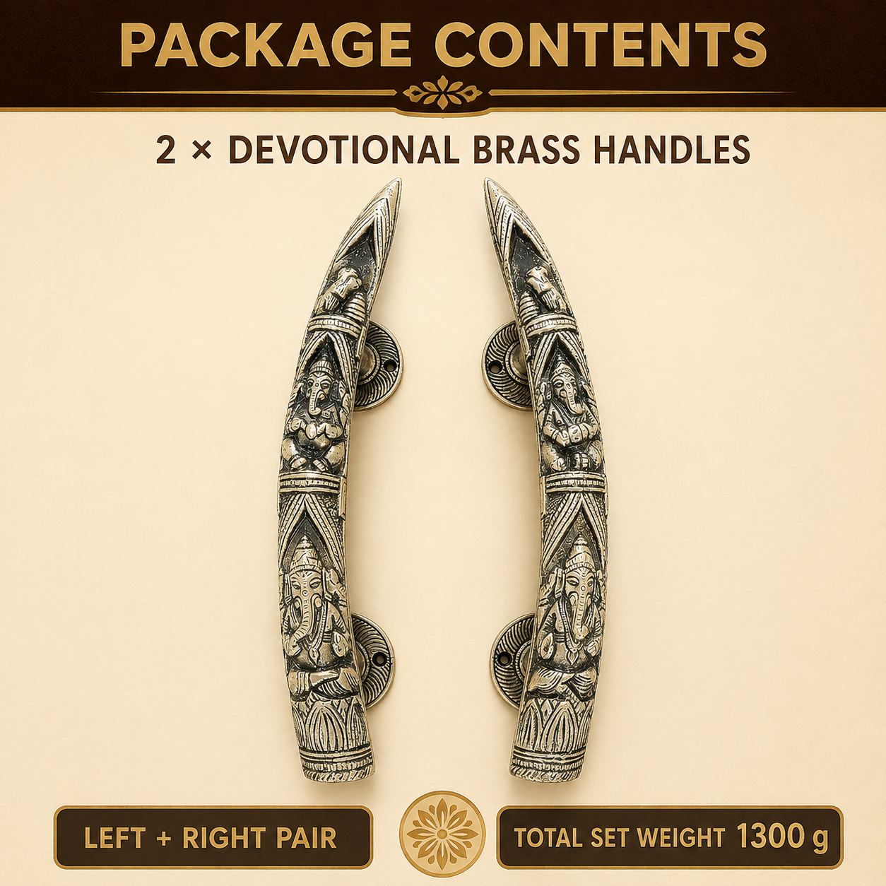 Handcrafted Brass Lord Ganesha motifs Devotional Door Handles – Mirrored Set of 2