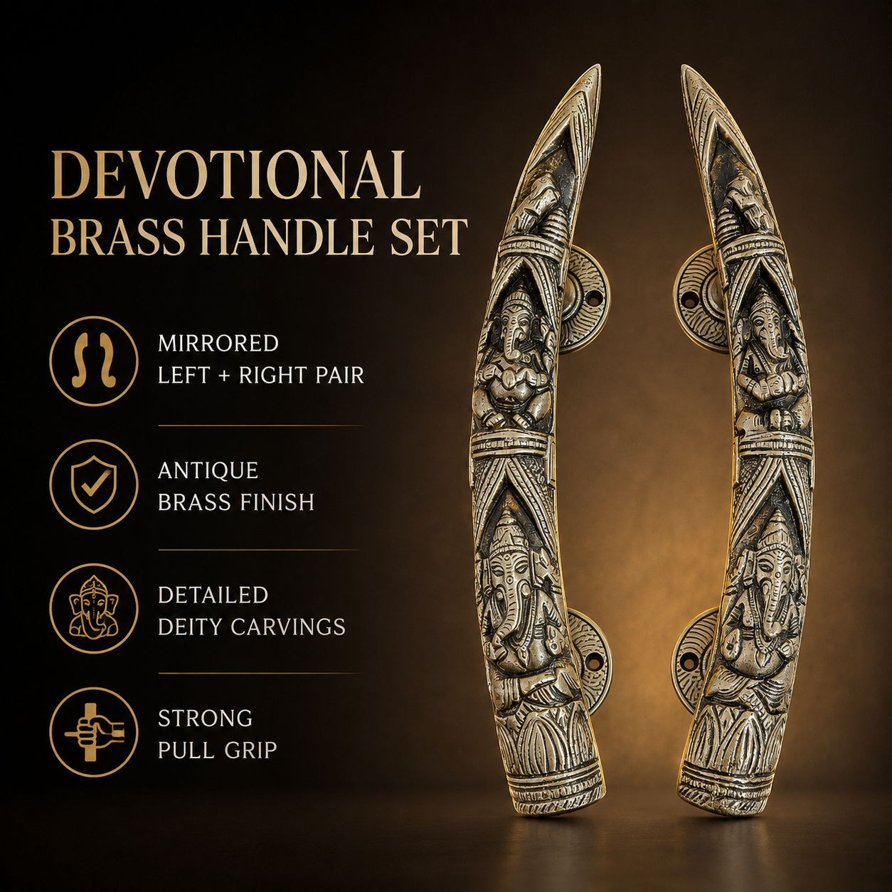 Handcrafted Brass Lord Ganesha motifs Devotional Door Handles – Mirrored Set of 2