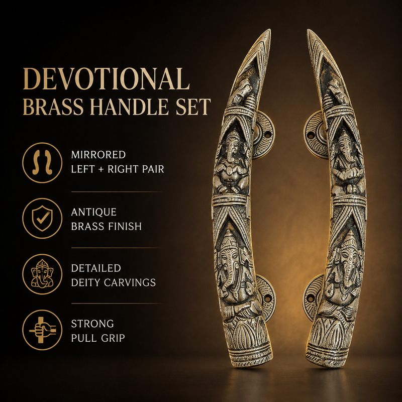 Handcrafted Brass Lord Ganesha motifs Devotional Door Handles – Mirrored Set of 2