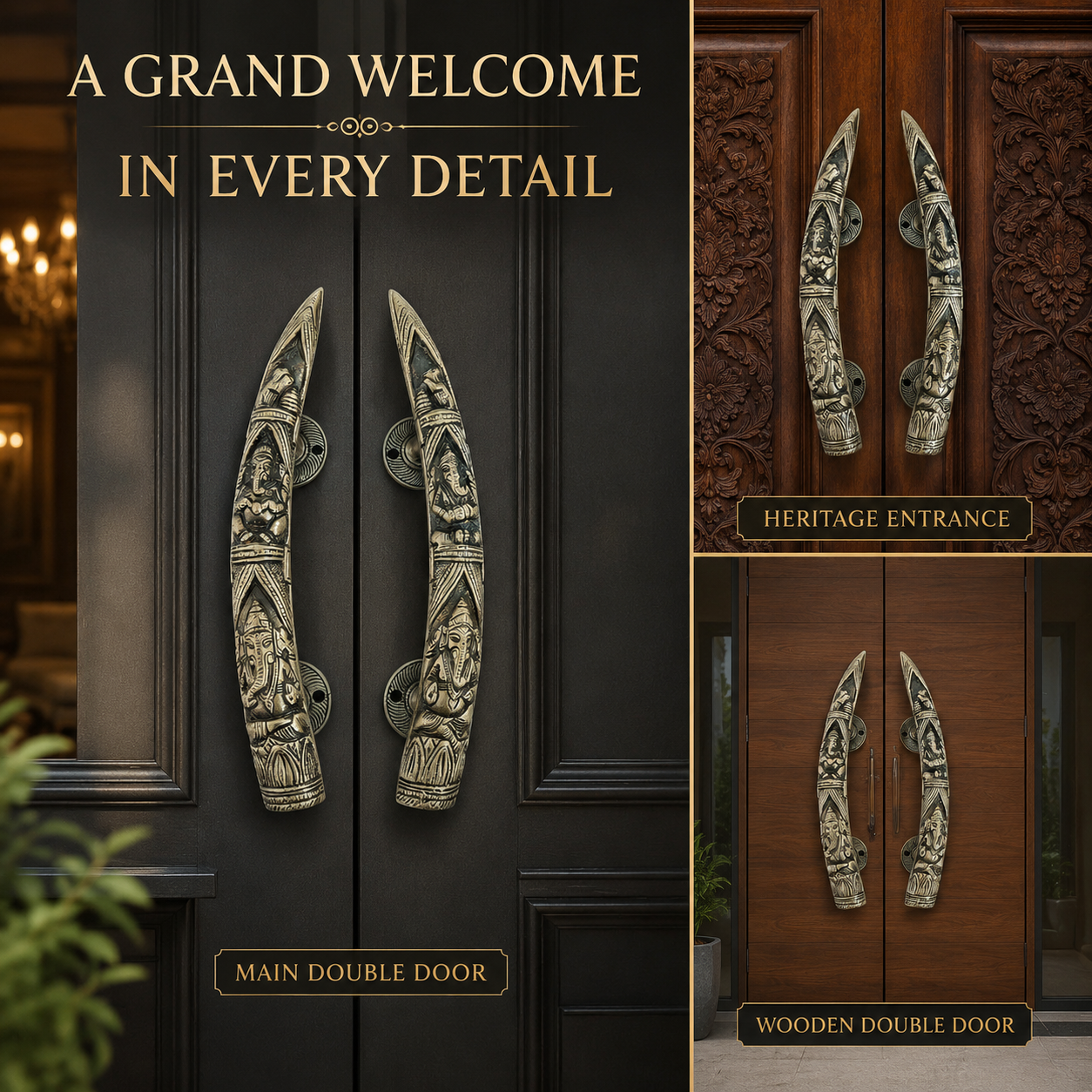 Handcrafted Brass Lord Ganesha motifs Devotional Door Handles – Mirrored Set of 2