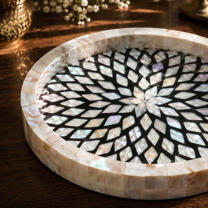 Mother of Pearl Round Serving Trays Set of 3, Handcrafted Mosaic