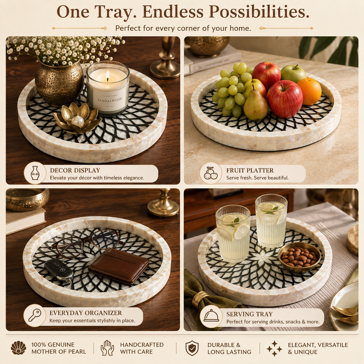 Mother of Pearl Round Serving Trays Set of 3, Handcrafted Mosaic