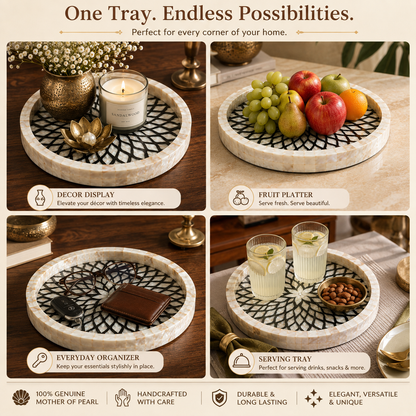 Mother of Pearl Round Serving Trays Set of 3, Handcrafted Mosaic