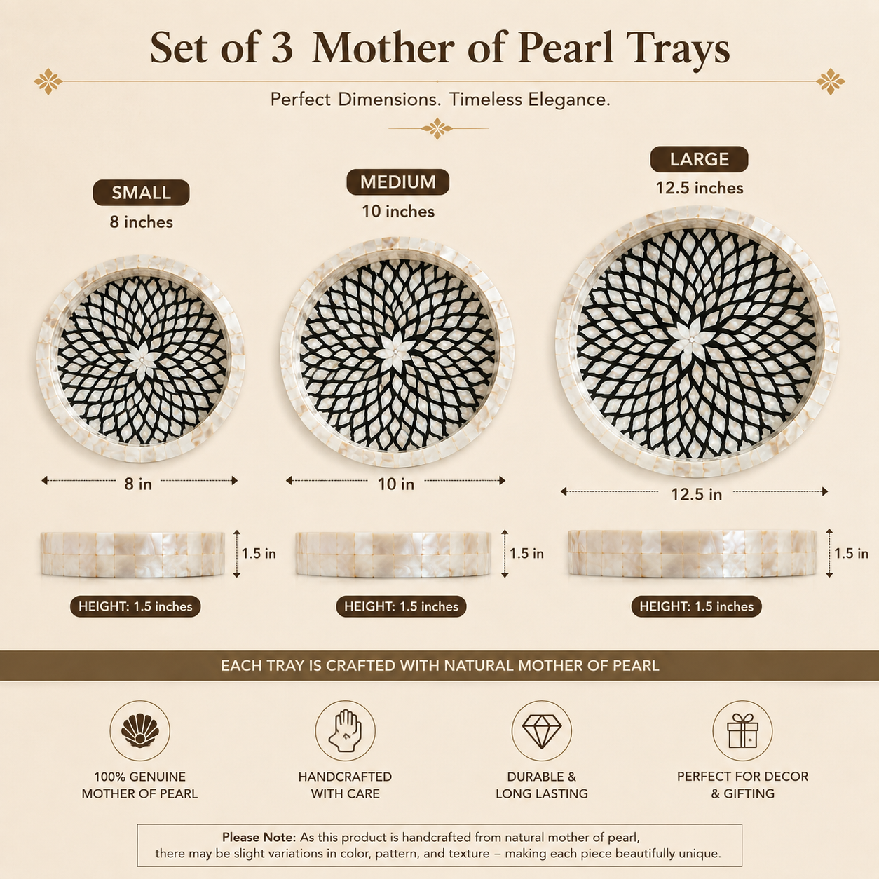 Mother of Pearl Round Serving Trays Set of 3, Handcrafted Mosaic