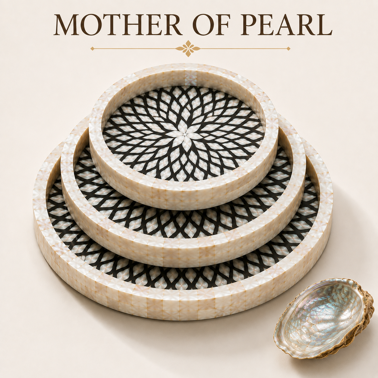 Mother of Pearl Round Serving Trays Set of 3, Handcrafted Mosaic