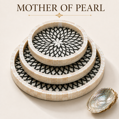 Mother of Pearl Round Serving Trays Set of 3, Handcrafted Mosaic