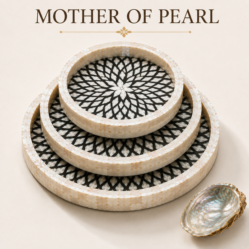 Mother of Pearl Round Serving Trays Set of 3, Handcrafted Mosaic