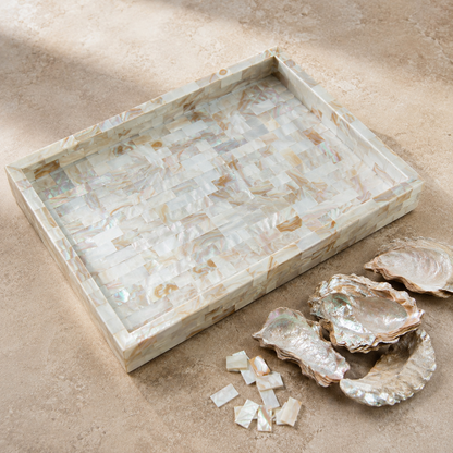 Handcrafted Mother of Pearl Inlay Serving Tray Set 2 – Luxury Rectangular Mosaic Shell Vanity & Coffee Table Decor Trays