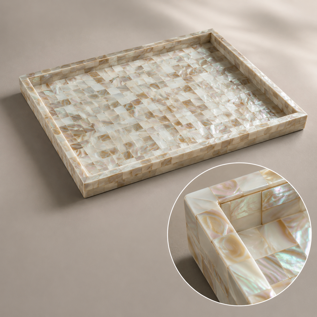 Handcrafted Mother of Pearl Inlay Serving Tray Set 2 – Luxury Rectangular Mosaic Shell Vanity & Coffee Table Decor Trays