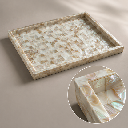 Handcrafted Mother of Pearl Inlay Serving Tray Set 2 – Luxury Rectangular Mosaic Shell Vanity & Coffee Table Decor Trays