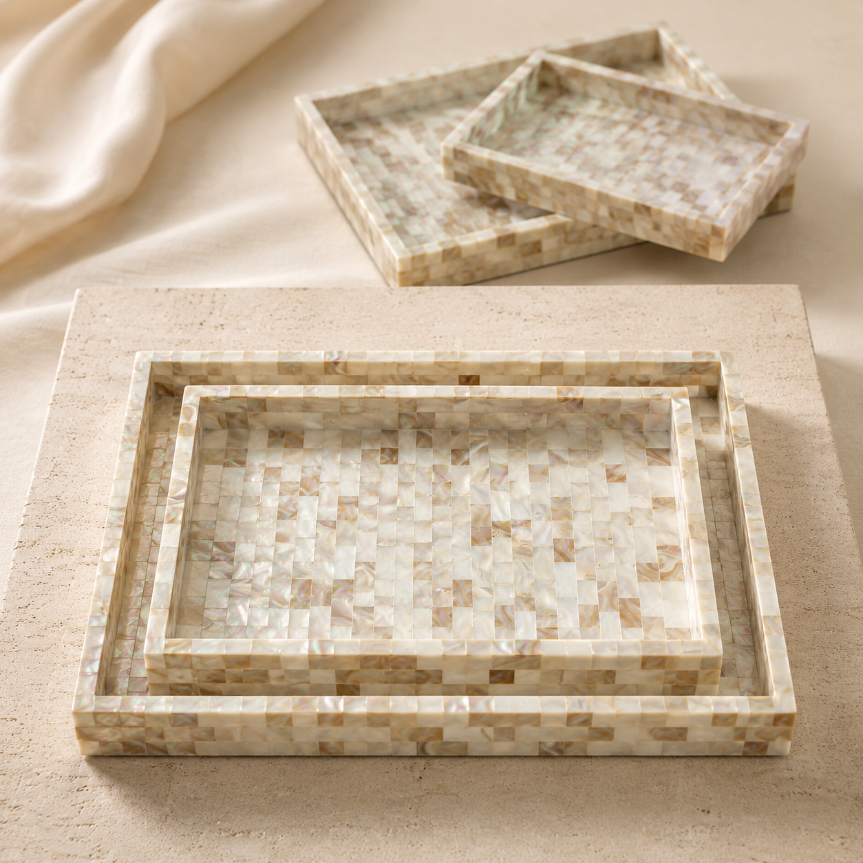 Handcrafted Mother of Pearl Inlay Serving Tray Set 2 – Luxury Rectangular Mosaic Shell Vanity & Coffee Table Decor Trays
