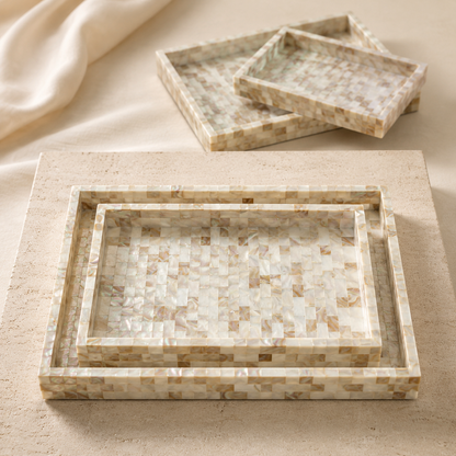 Handcrafted Mother of Pearl Inlay Serving Tray Set 2 – Luxury Rectangular Mosaic Shell Vanity & Coffee Table Decor Trays