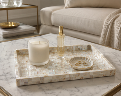 Handcrafted Mother of Pearl Inlay Serving Tray Set 2 – Luxury Rectangular Mosaic Shell Vanity & Coffee Table Decor Trays