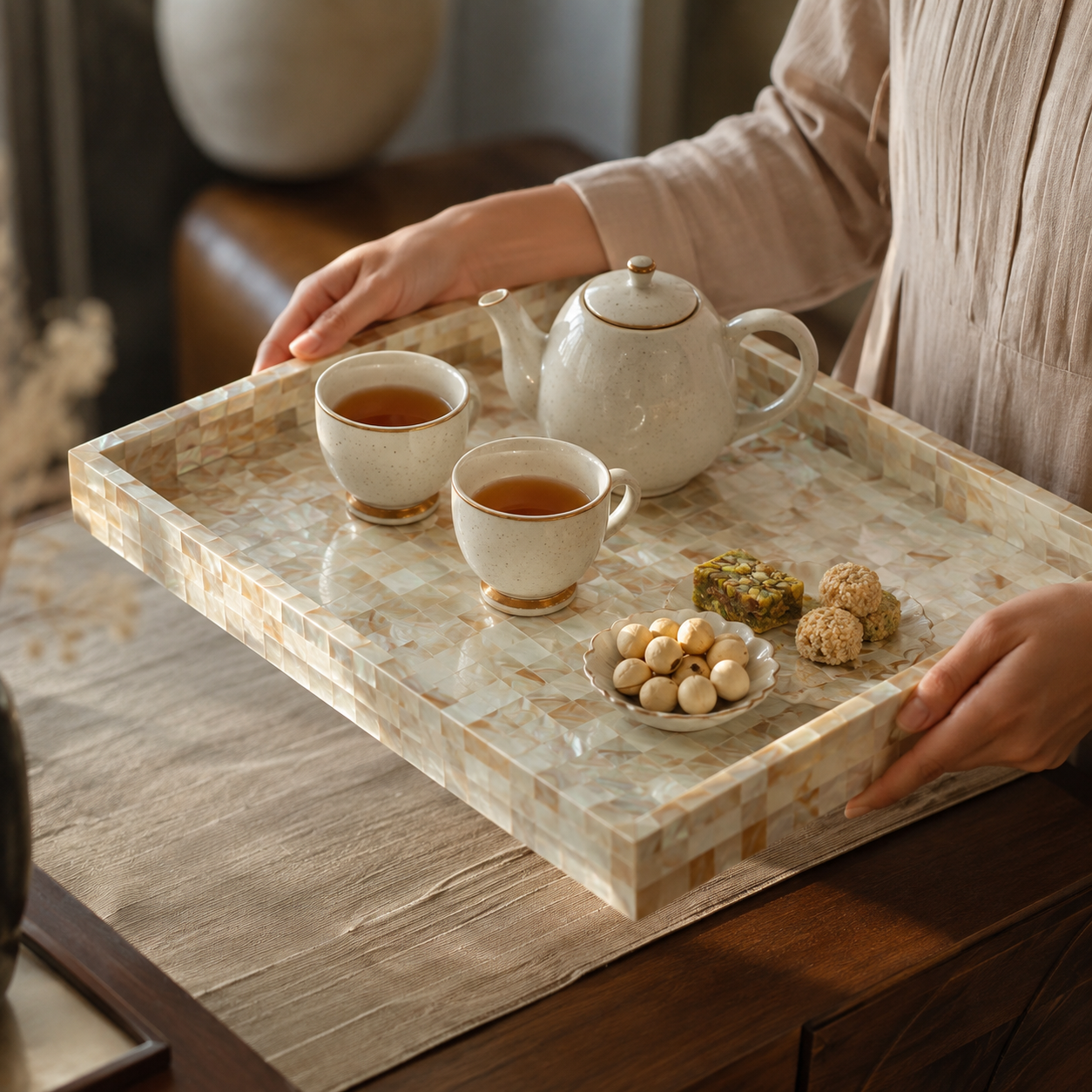 Handcrafted Mother of Pearl Inlay Serving Tray Set 2 – Luxury Rectangular Mosaic Shell Vanity & Coffee Table Decor Trays