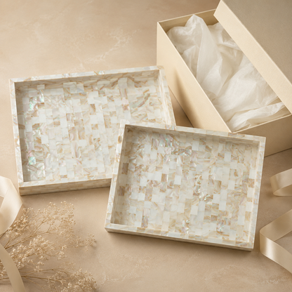 Handcrafted Mother of Pearl Inlay Serving Tray Set 2 – Luxury Rectangular Mosaic Shell Vanity & Coffee Table Decor Trays