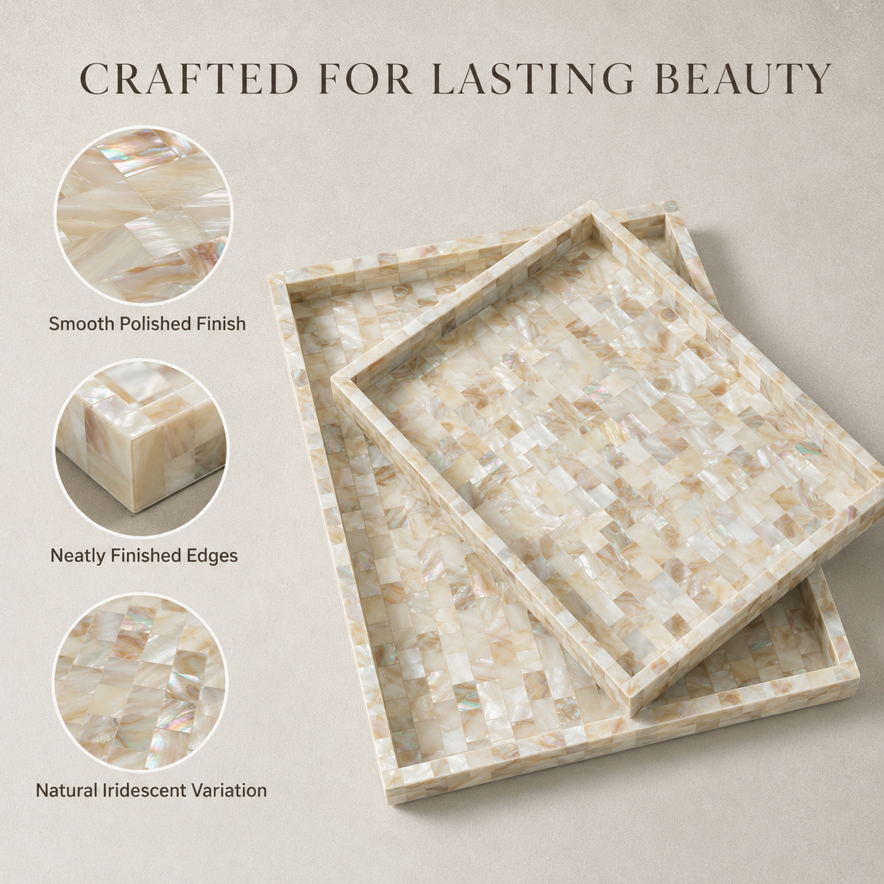 Handcrafted Mother of Pearl Inlay Serving Tray Set 2 – Luxury Rectangular Mosaic Shell Vanity & Coffee Table Decor Trays