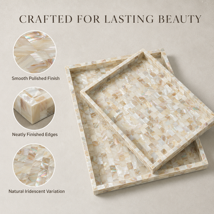 Handcrafted Mother of Pearl Inlay Serving Tray Set 2 – Luxury Rectangular Mosaic Shell Vanity & Coffee Table Decor Trays