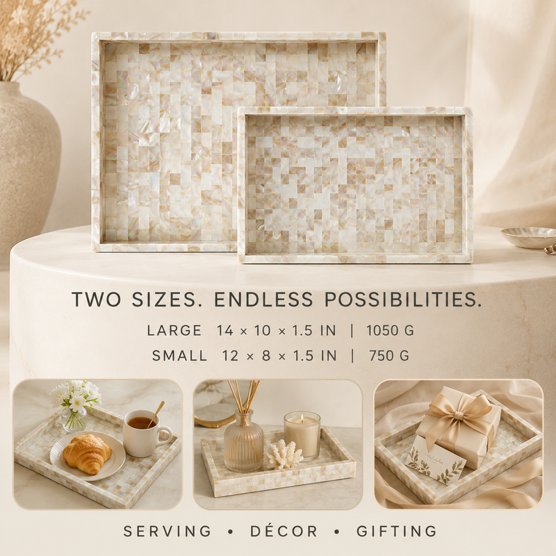 Handcrafted Mother of Pearl Inlay Serving Tray Set 2 – Luxury Rectangular Mosaic Shell Vanity & Coffee Table Decor Trays