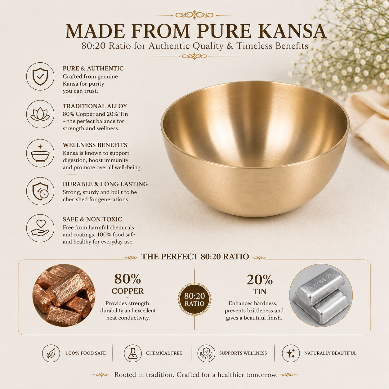 Pure Kansa Bowl Set | Traditional Bronze Metal Serving & Eating Bowls | Handmade Kansa Utensils for Kitchen & Dining