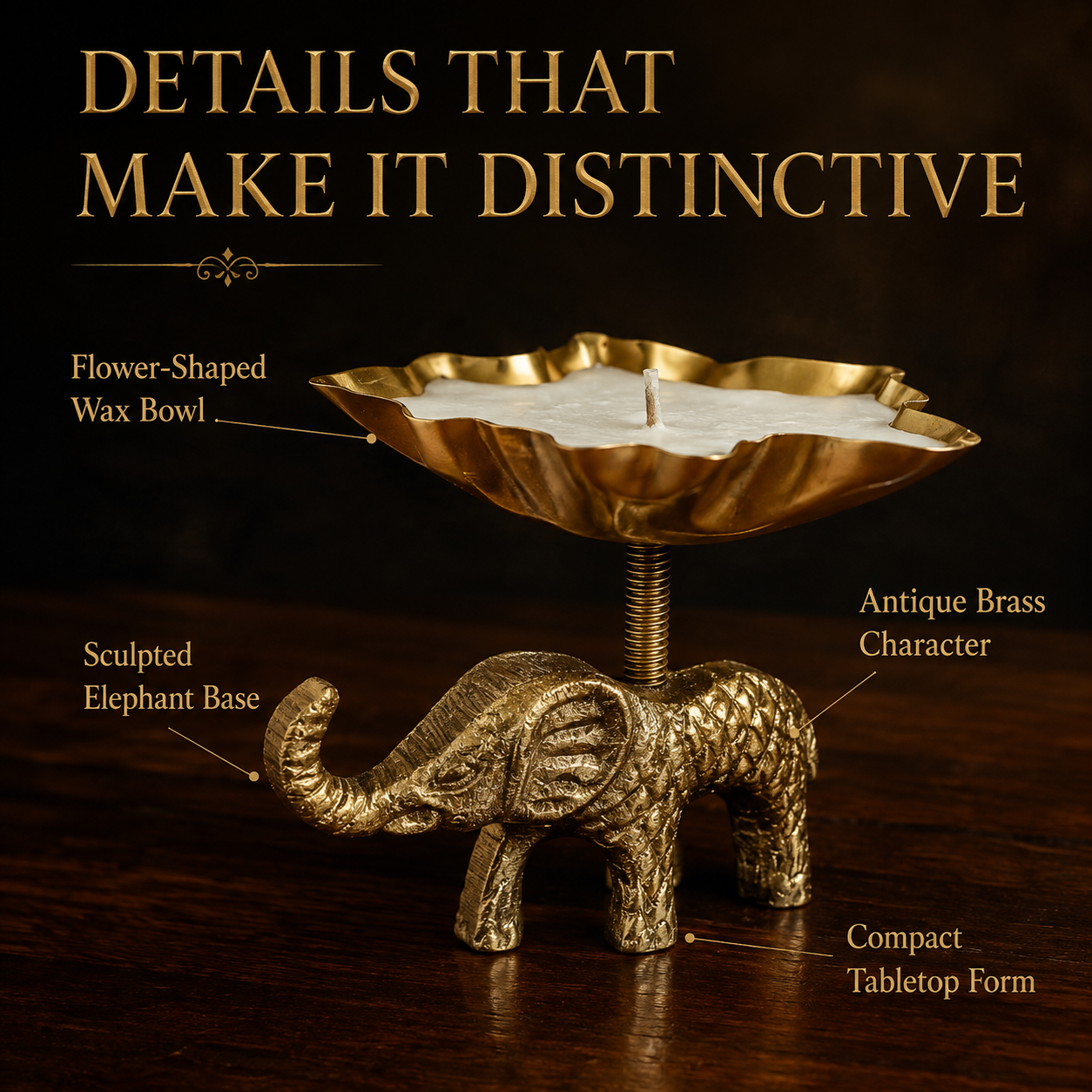 Handcrafted Elephant Candle Stand with Wax – Antique Brass Finish Aluminium Décor | The Indian Aura